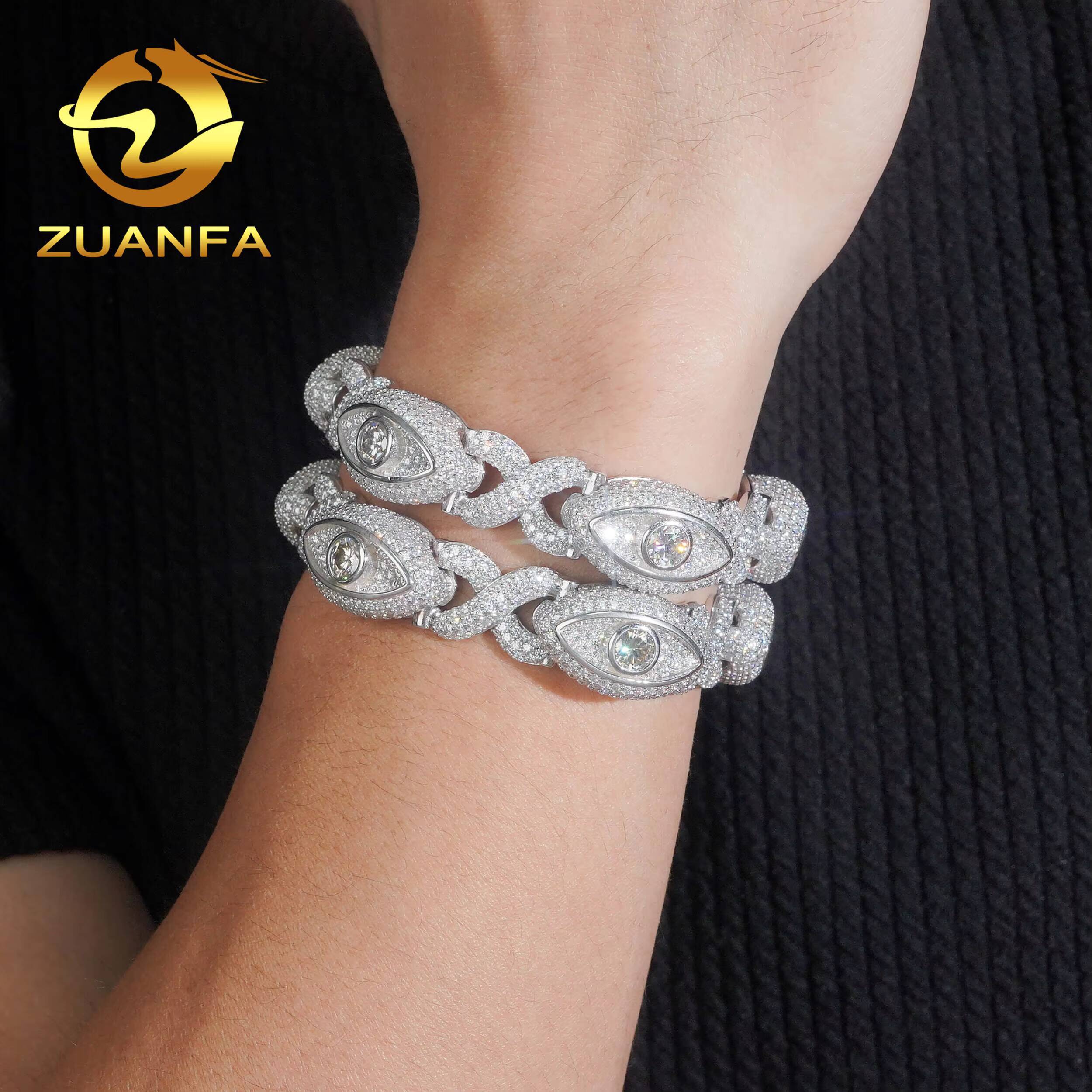15mm Iced Out Moissanite Diamond Bracelet Eyes Design 925 Silver Hip Hop Jewelry Unisex Moissanite Cuban Link Bracelet