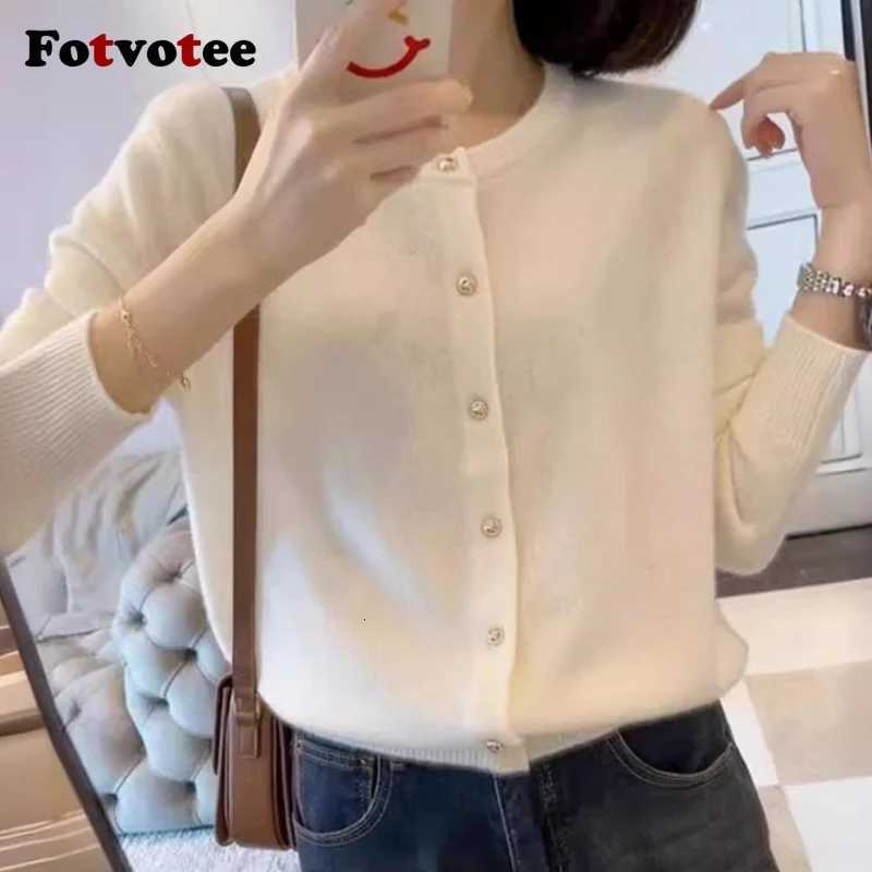 FOTVOTEE Solid Simple Women Cardigan Casual Loose Long Sleeve O Neck Single Breasted Knitted Cardigans 2025 New Fashion Sweater Z250905