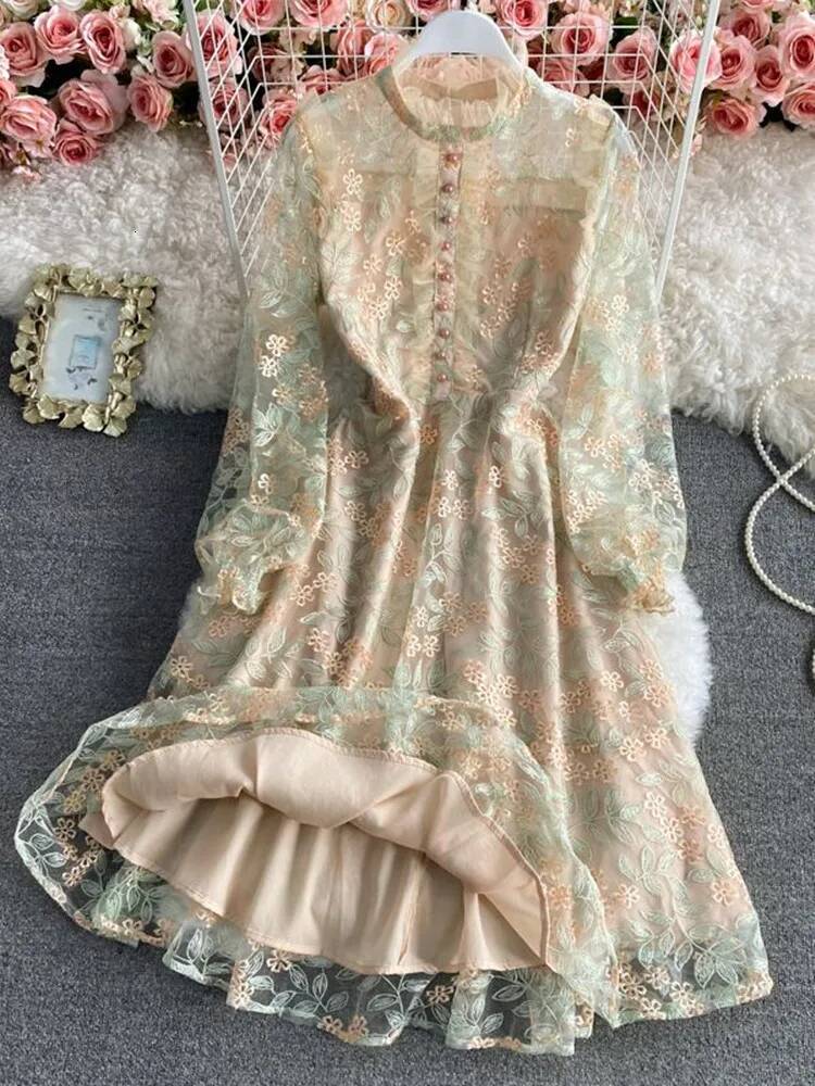 2025 New Luxury Mesh Lace Embroidered Flower design Dress Summer New Women's Long Sleeve Flower Embroidered Ruffle Office Party Midi Dress Design