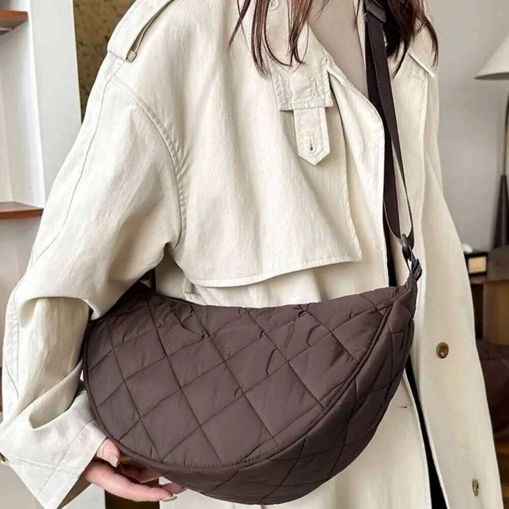 Portable Solid Color Plaid Crossbody Quilted Padded Half Moon All-Match Adjustable Strap Nylon Shoulder Bag