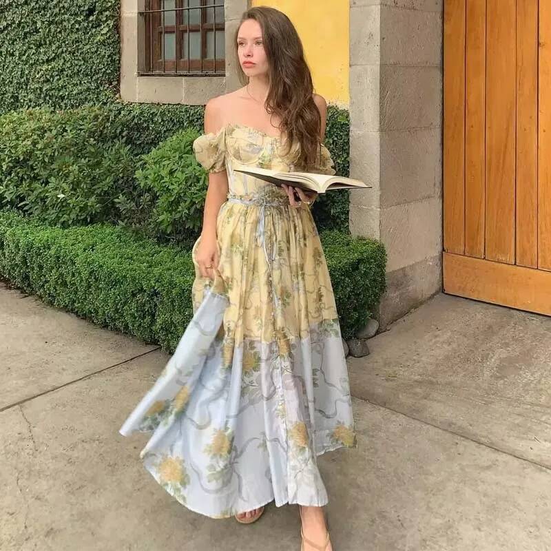 2025 design Decal Printed Bohemian Summer Dress Women's Retro Fluffy Sleeves A-line Midi Chiffon Dress Fashion Women's Vacation Robe Designe