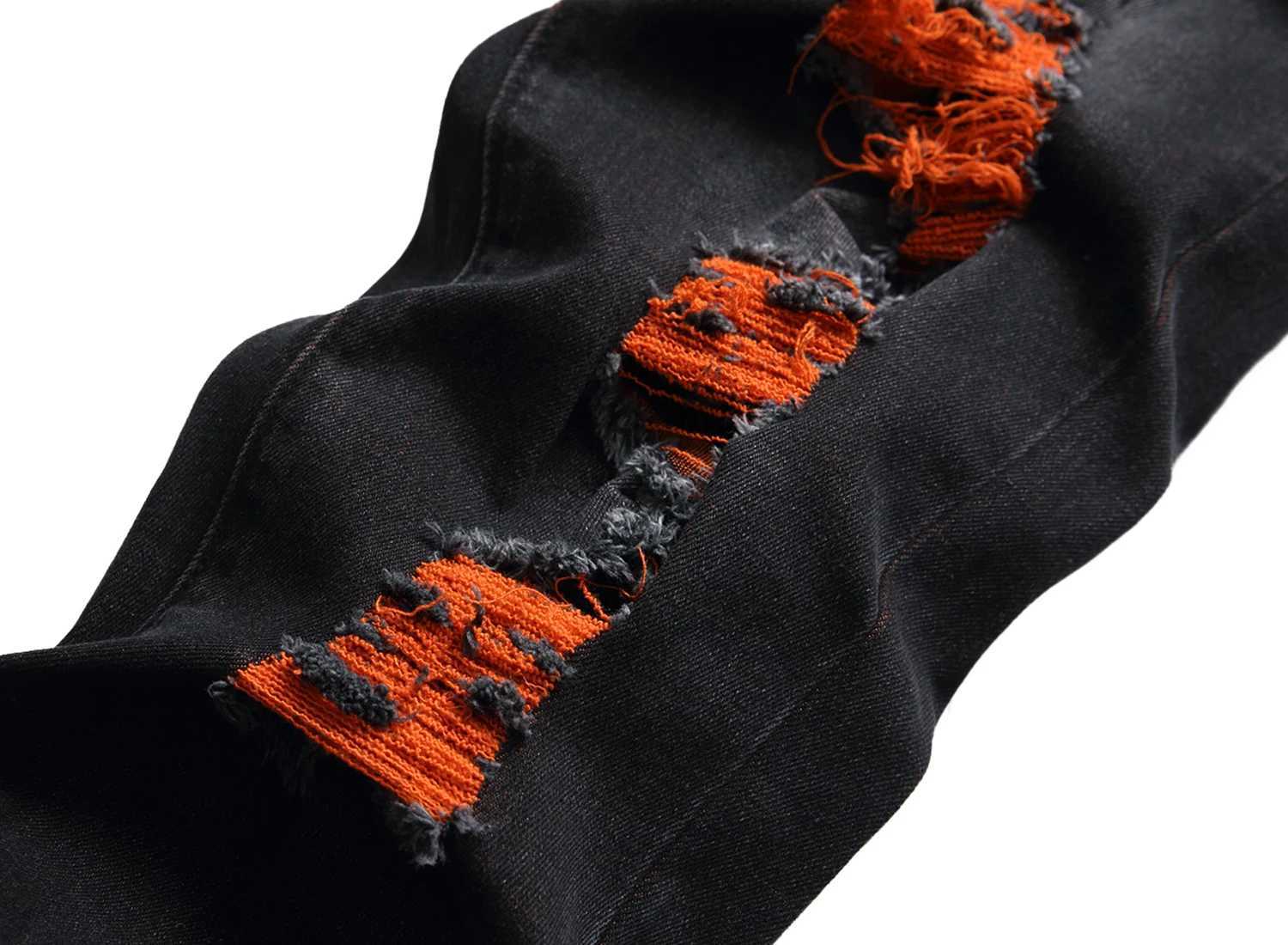 Mens black distressed jeans Mens orange distressed long pants Casual party stretch denim long pants 5 W250905