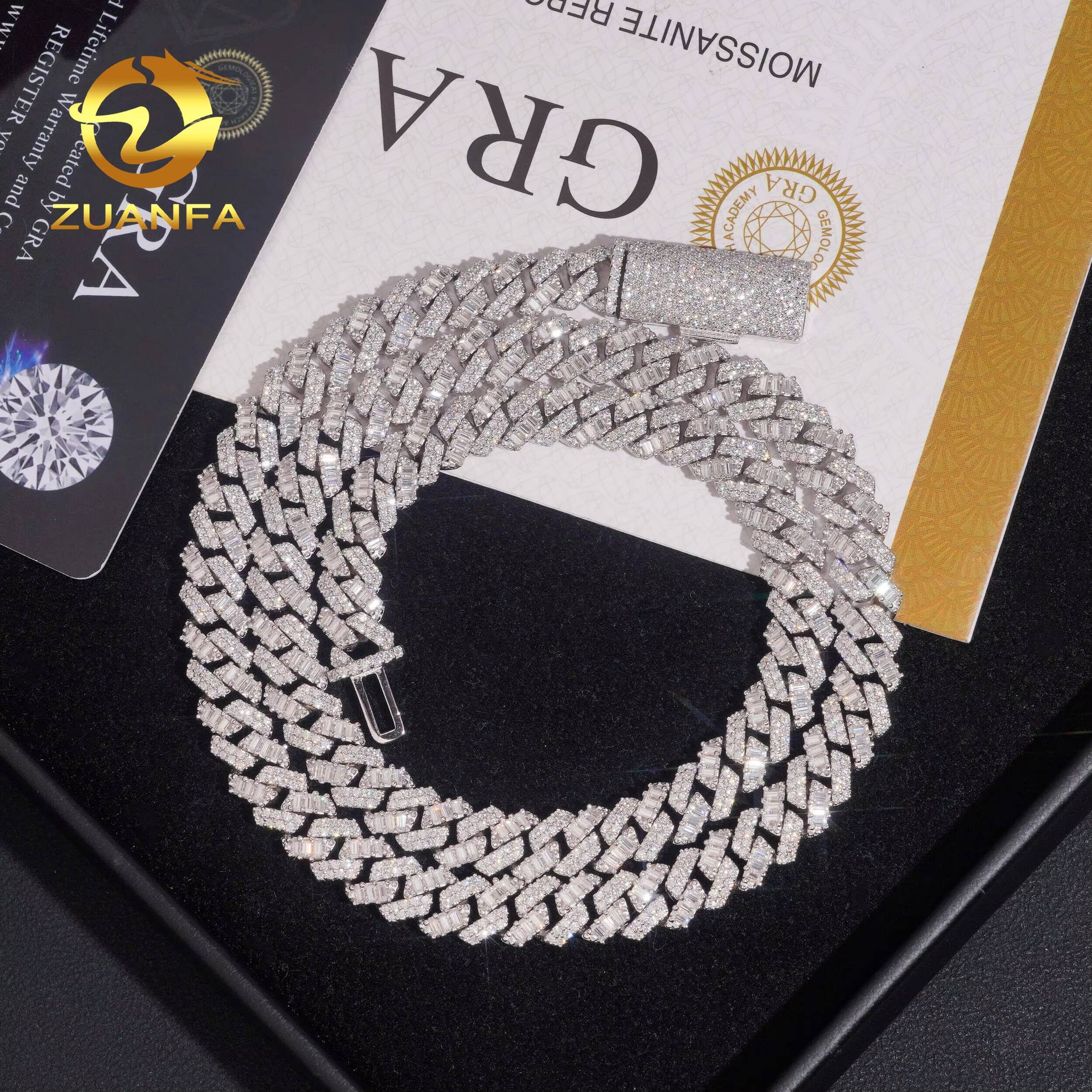 New Arrivals Hip Hop Jewelry Rose Gold 925 Silver Baguette 8mm Moissanite Cuban Link Chain