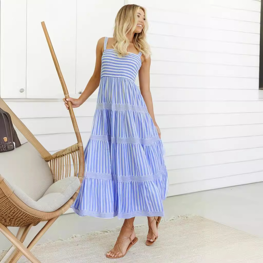 2023 Summer New Sexy Striped Print Strap WaistCinching Vacation Dress for Women