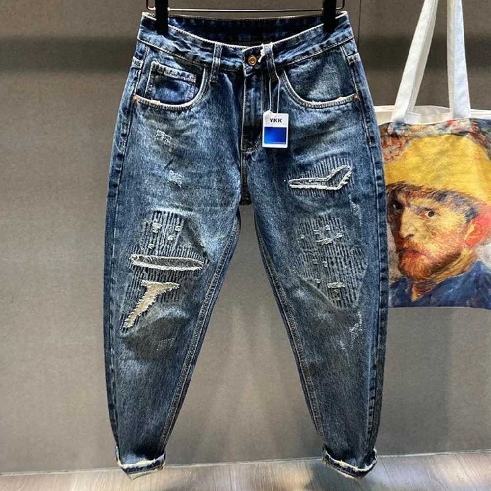 Ripped Jeans Men Dark Gray Stretch Capris Pants Distressed Casual Harem Pants Hip Hop Patched Ankle Length Trousers Jeans Brand W250905