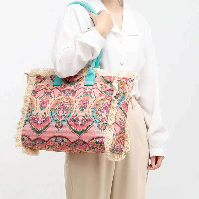 Bohemian Vintage Tote European and American Fashion Canvas Shoulder Bag Large Capacity Zippered HandbagShopping storage handbag