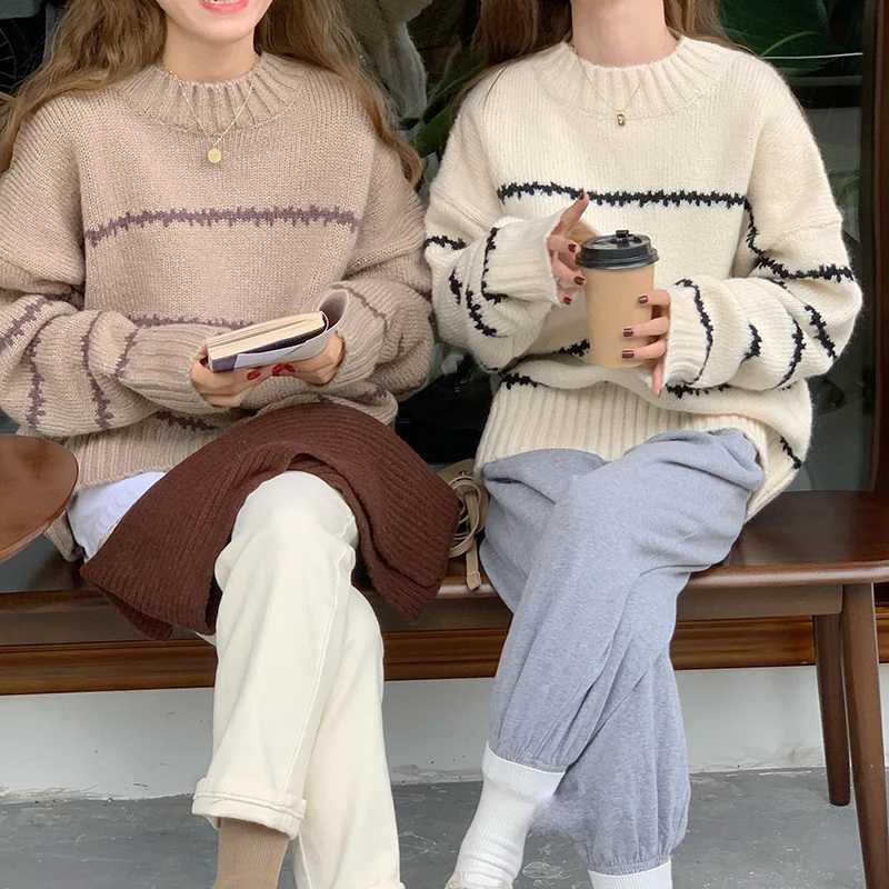 Retro Loose Sweater Womens Long Sleeve Striped Half High Neck Knit 2023 Autumn Winter Thickened Warm Pullover Z250905