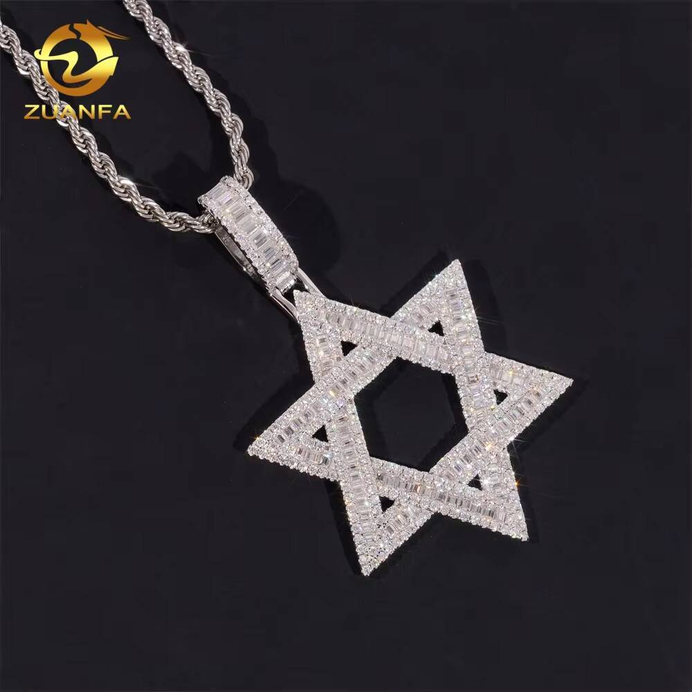 Hip Hop Moissanite Jewelry Custom Iced Out Baguette Star Shape Pendant 925 Silver VVS D Moissanite Diamond Fine Charm Pendant