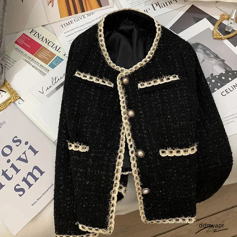 Black Short Jacket Temperament Elegant Tweed Jackets For Women Autumn ddmyday And Winter Korean Office Lady Cropped Outerwear 240821