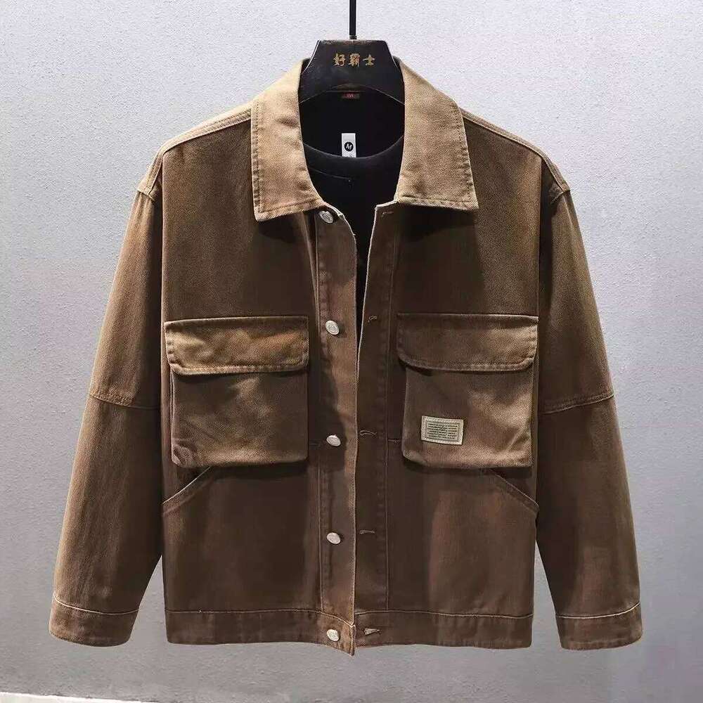 Men's Denim Jacket Brown Plus Size Cargo Male Jean Coats Camouflage Fast Deery of Fabric Korean Popular Clothes Vintage Elatic
