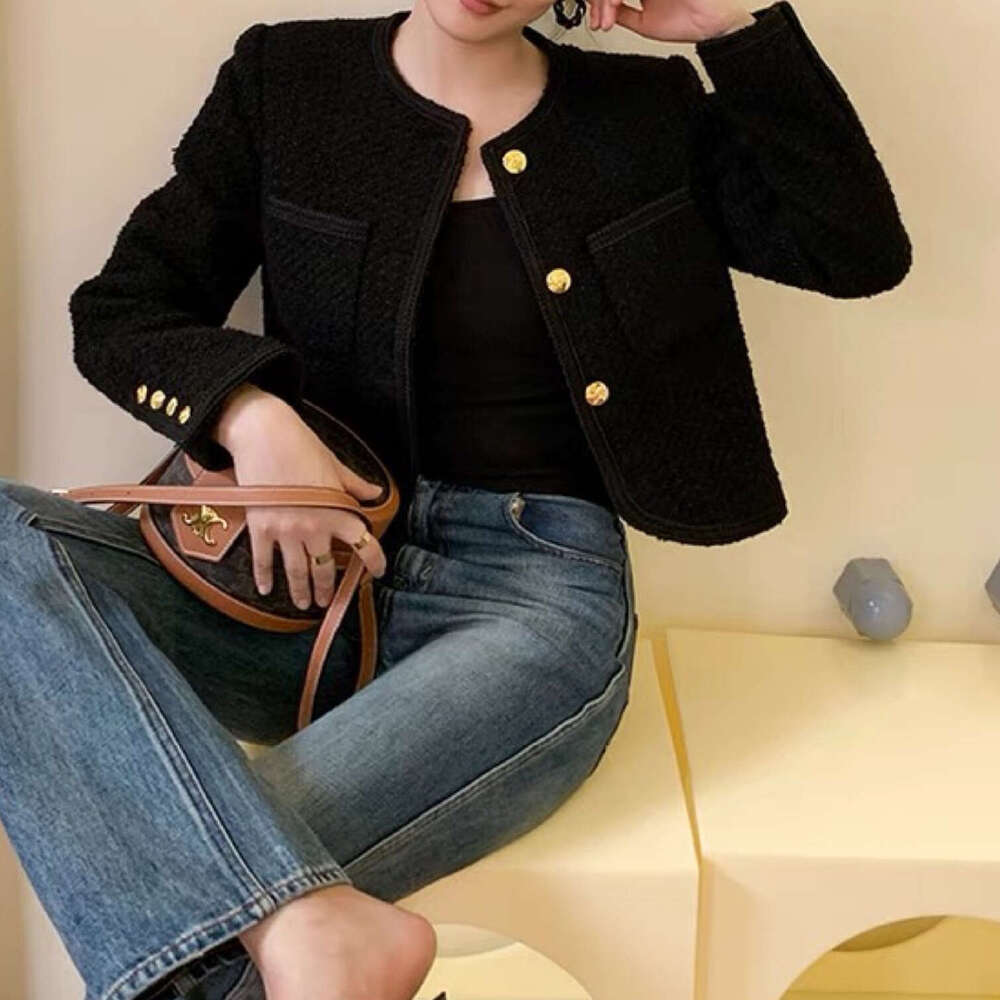 Wool Tweed Spring Outfit Elegant Socialite Style Black And White Metal Button Coat Women's Clothing B5