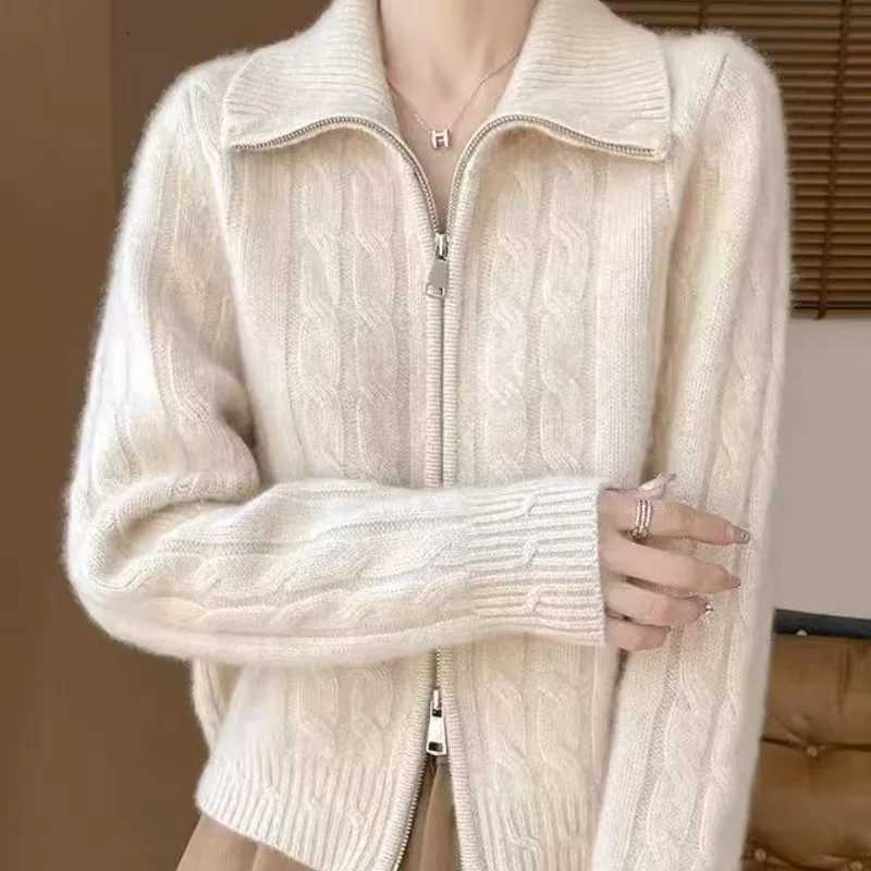 Womens Clothing Vintage Allmatch Double Zipper Cardigan Autumn Winter New Fashion Twisted Flower Long Sleeve Knit Sweater Tops Z250905