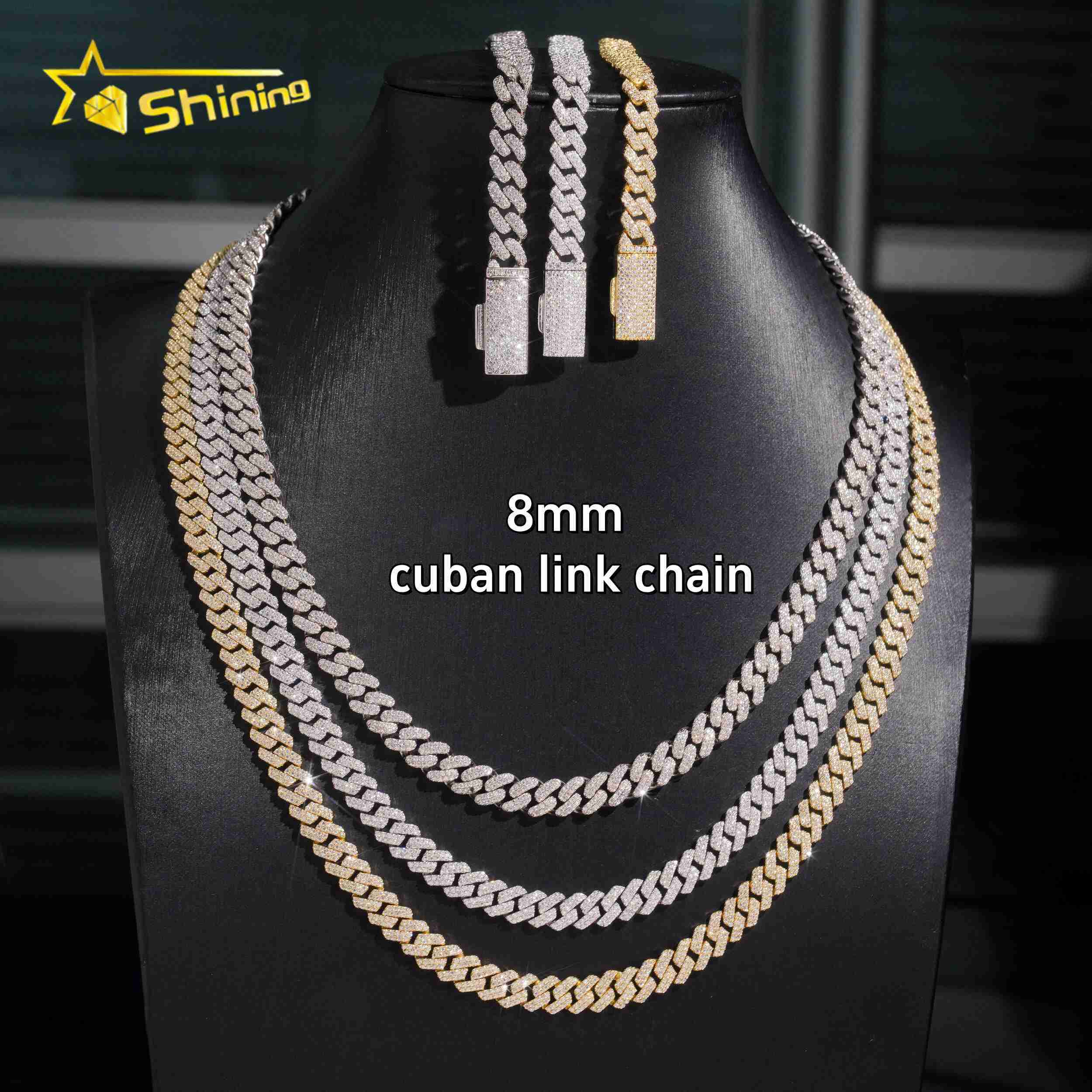 Hip Hop Fine Jewelry Factory Direct Sell 8MM Iced Out 925 Sterling Silver White Gold Plated Moissanite Cuban Link Chain Men