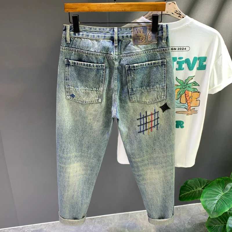 Washed and Scratched Cowboy Handsome and Trendy Sticky Fabric High end Embroidered Printed Loose Straight Tube Long Pants W250905