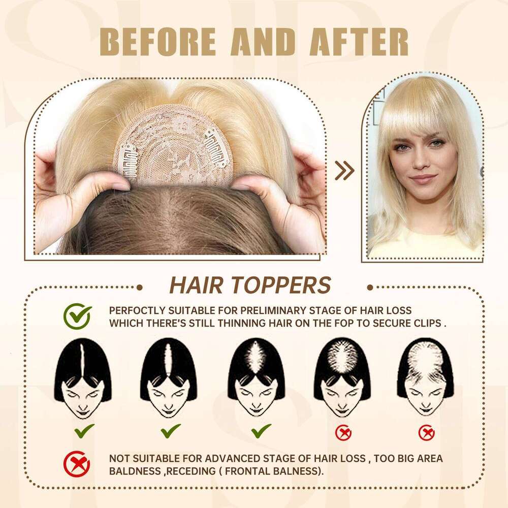 613# Blonde Human For Women Silk Base Clips In Toppers With Fringe 12 Inch Straight Piece for Thinning Hair