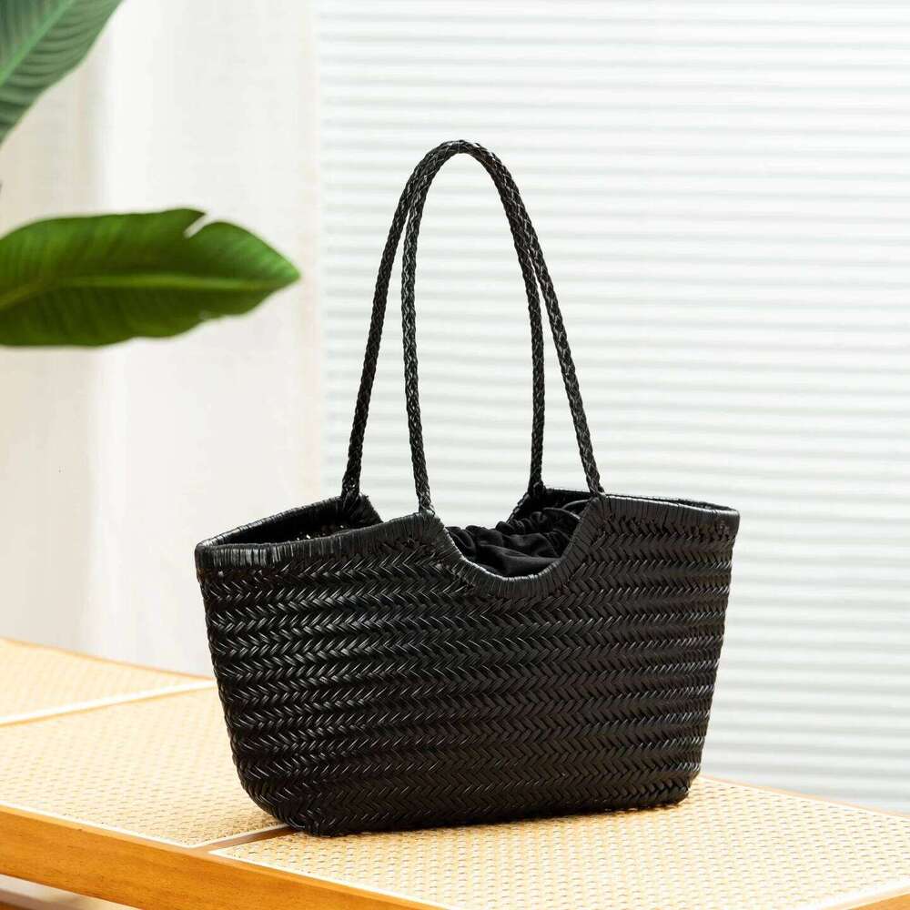 Genuine Leather Handwoven Tote Women's Fashion Shopping Large Capacity Shoulder Bag Design Vegetable Basket