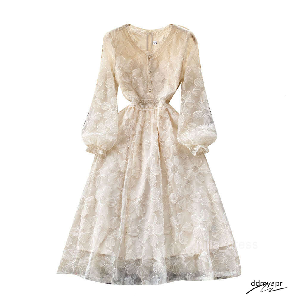 Gentle And Feminine Slim Waist Knee Length Long Sleeve First Ddmydec Love A-Line Skirt Elegant Temperament V-Neck Lace Dress Ddmydec Ddmydec Ddmydec D