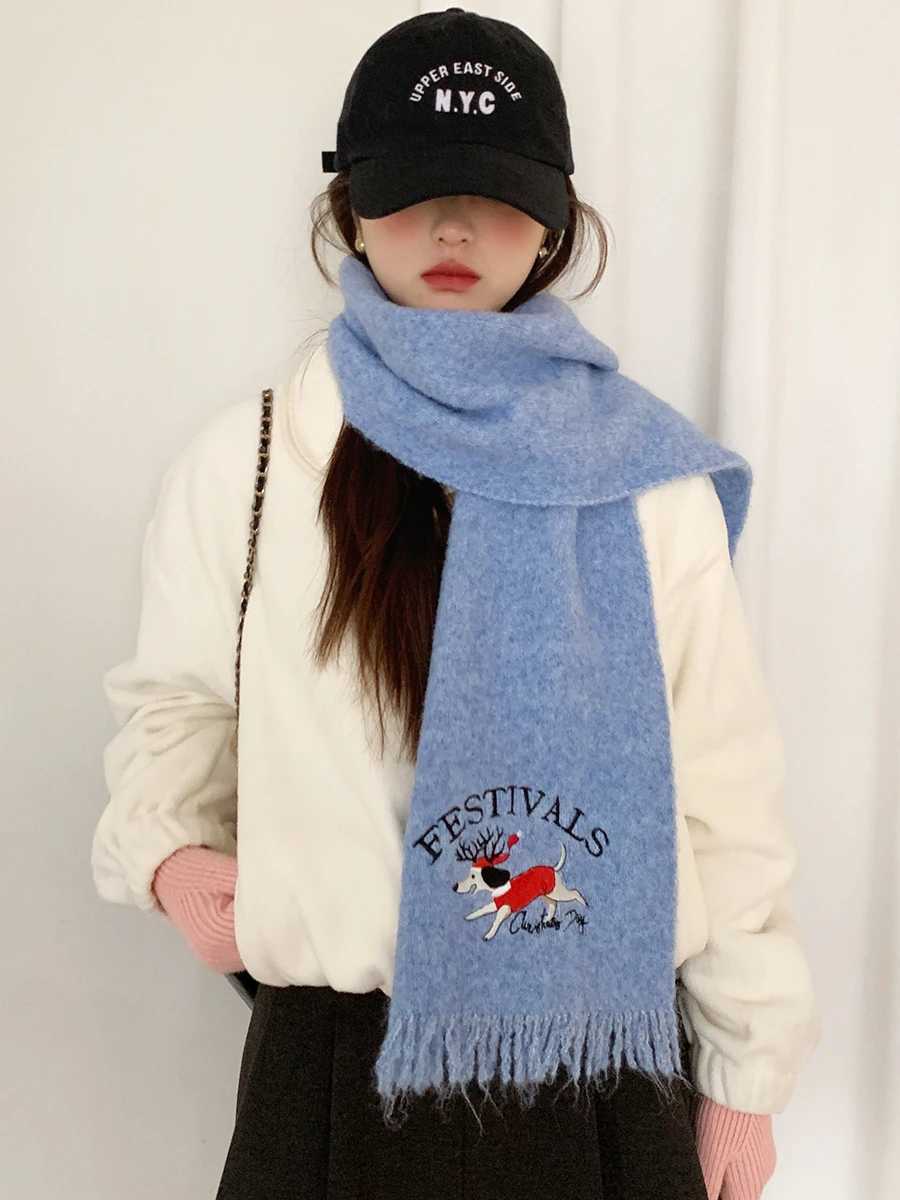 Woolen Cartoon Reindeer Knitted Scarf For Women Autumn And Winter Warm Neck Protection Embroidered Scarf Versatile ShlXJ250905