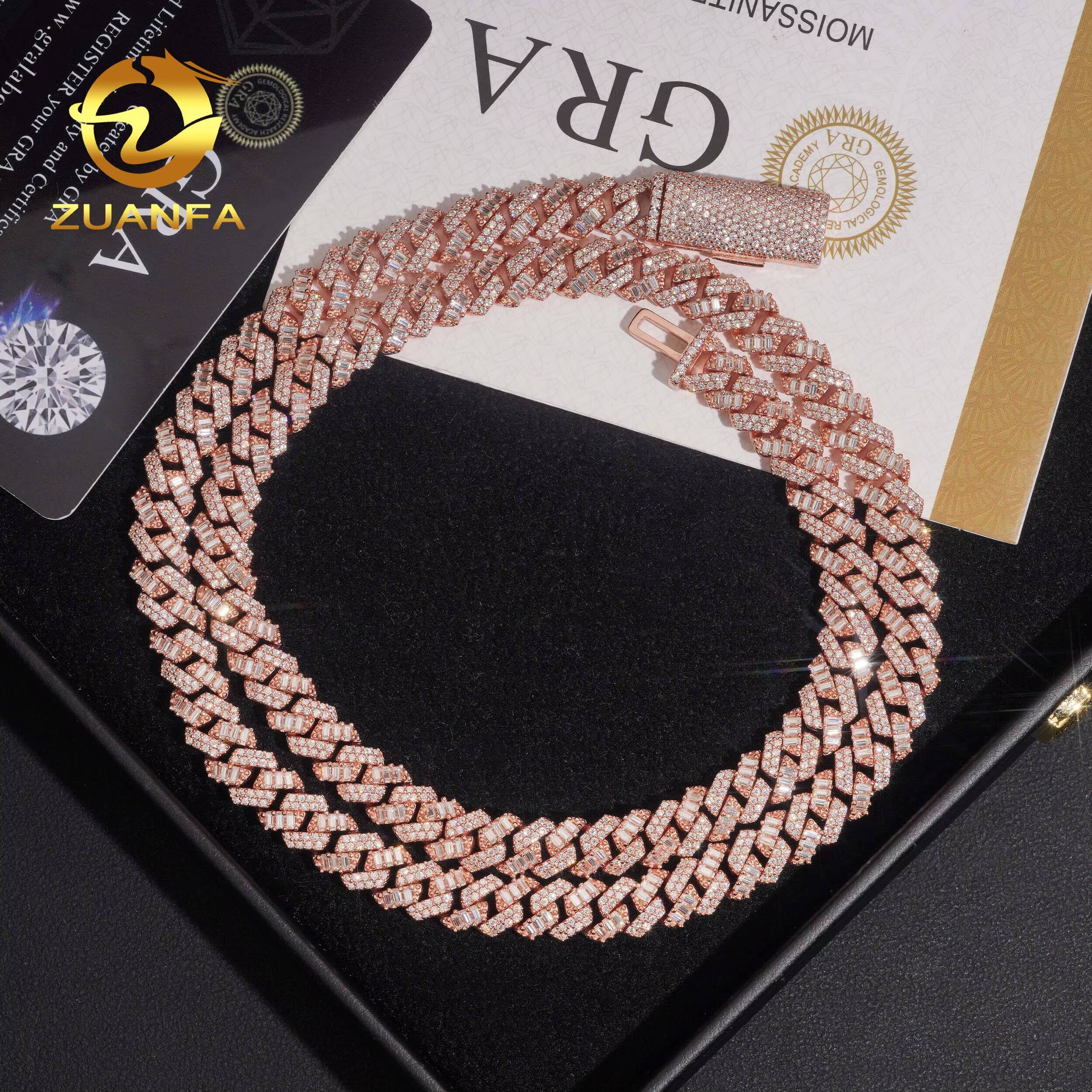 New Arrivals Hip Hop Jewelry Rose Gold 925 Silver Baguette 8mm Moissanite Cuban Link Chain