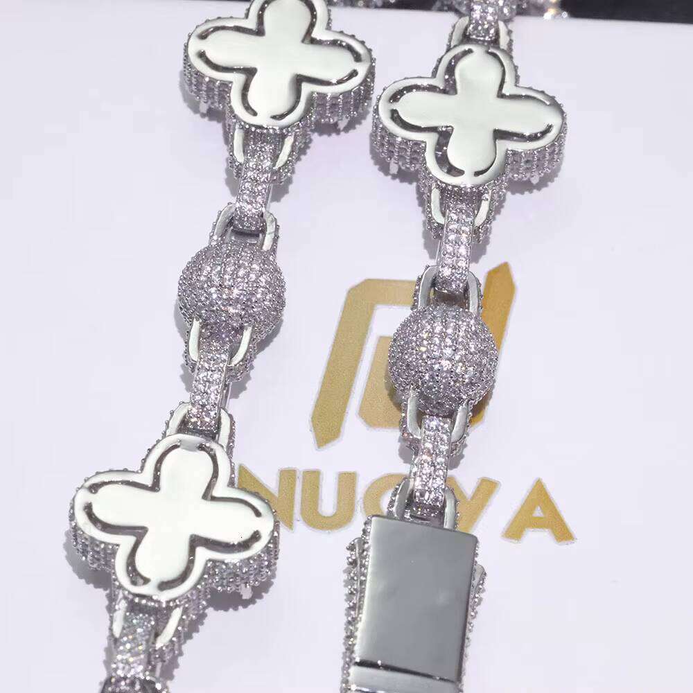 NUOYA Iced Out Four Leaf Clover Spherical Cuban Link Chain Bracelet Gold Sier Plated Dia Zircon Hip Hop Jewelry
