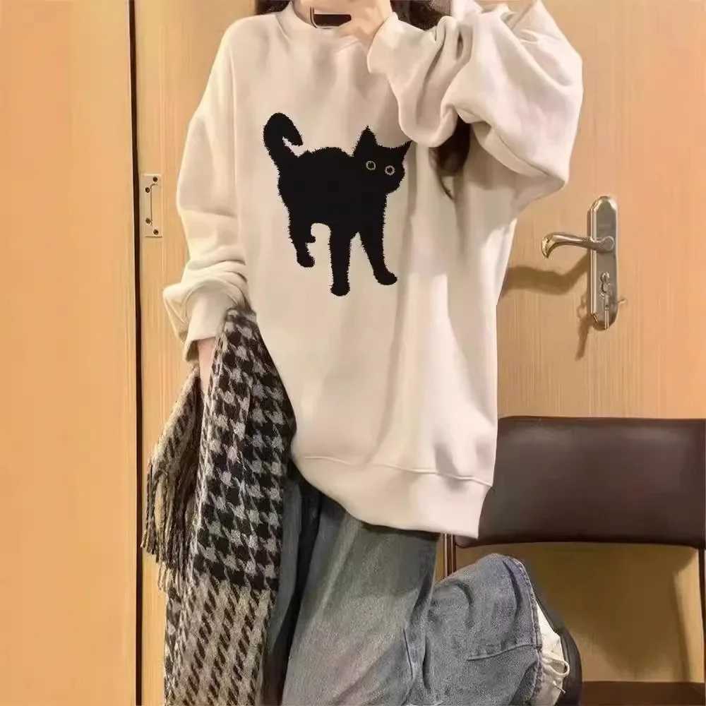 Womens Fleece Lined Oversized Long Sleeve Crew Neck Sweatshirt Cat Print Casual Loose Fit Autumn Winter Fashion Top Z250905