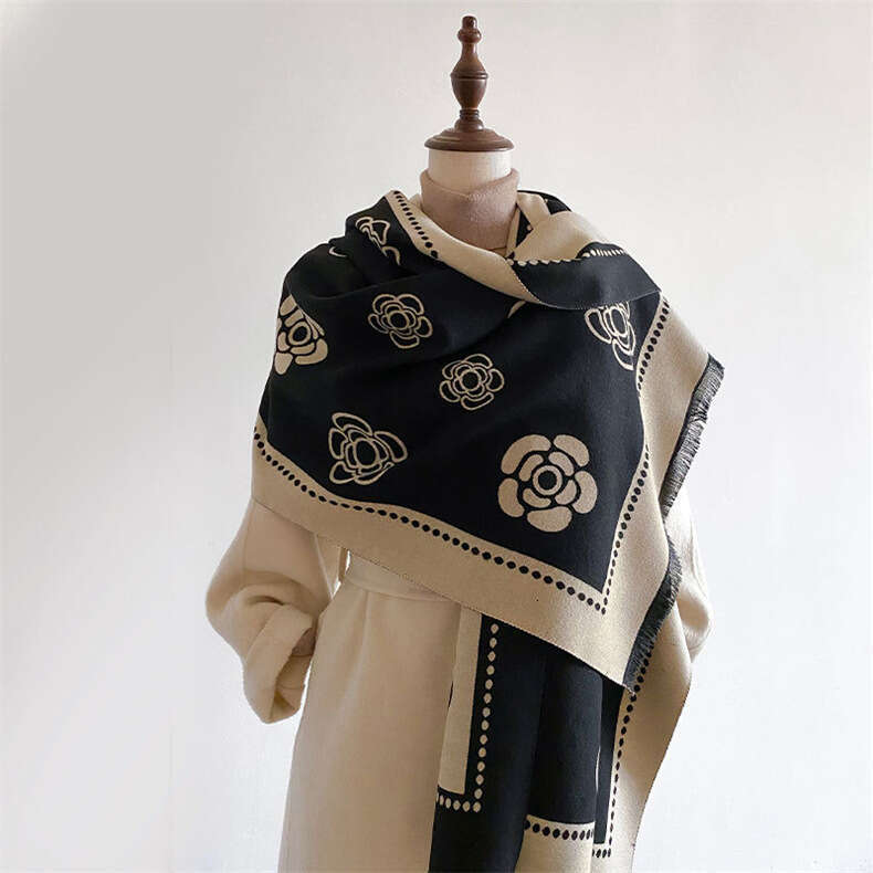 Winter Little Style Camellia Imitation Cashmere Shawl for Women Long Versatile Warm Neck Scarf