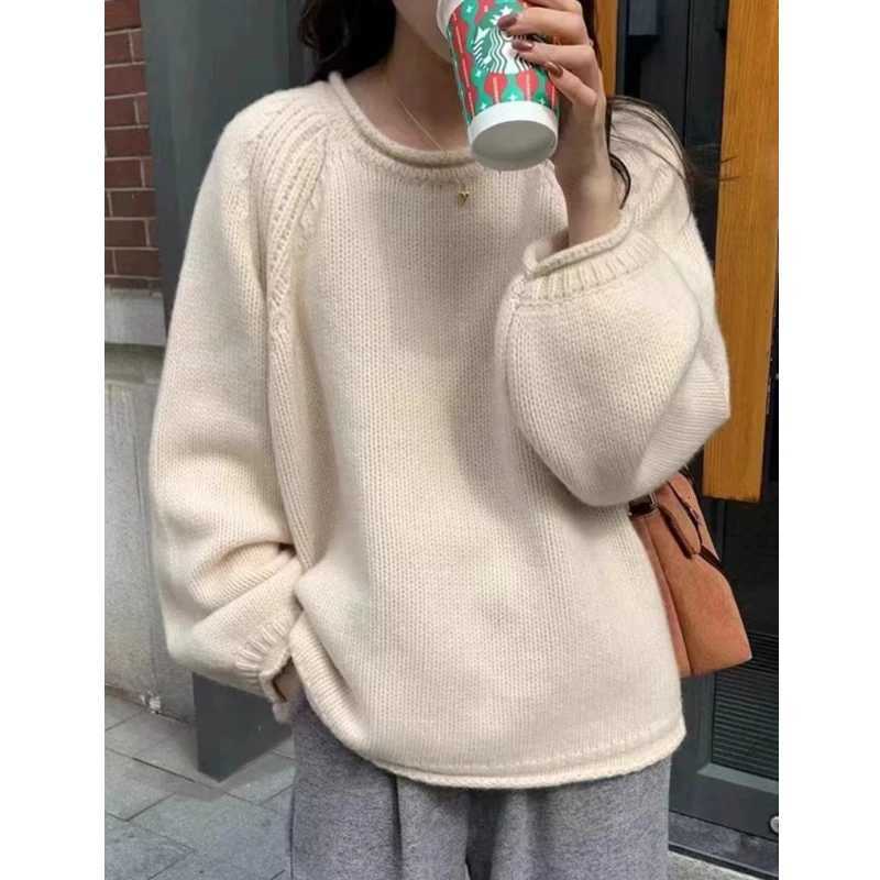 Autumnwinter New Loose Solid Color Knitted Base Top Casual Long Sleeved ONeck Sweater Sweet Lantern Sleeve Womens Sweater Z250905
