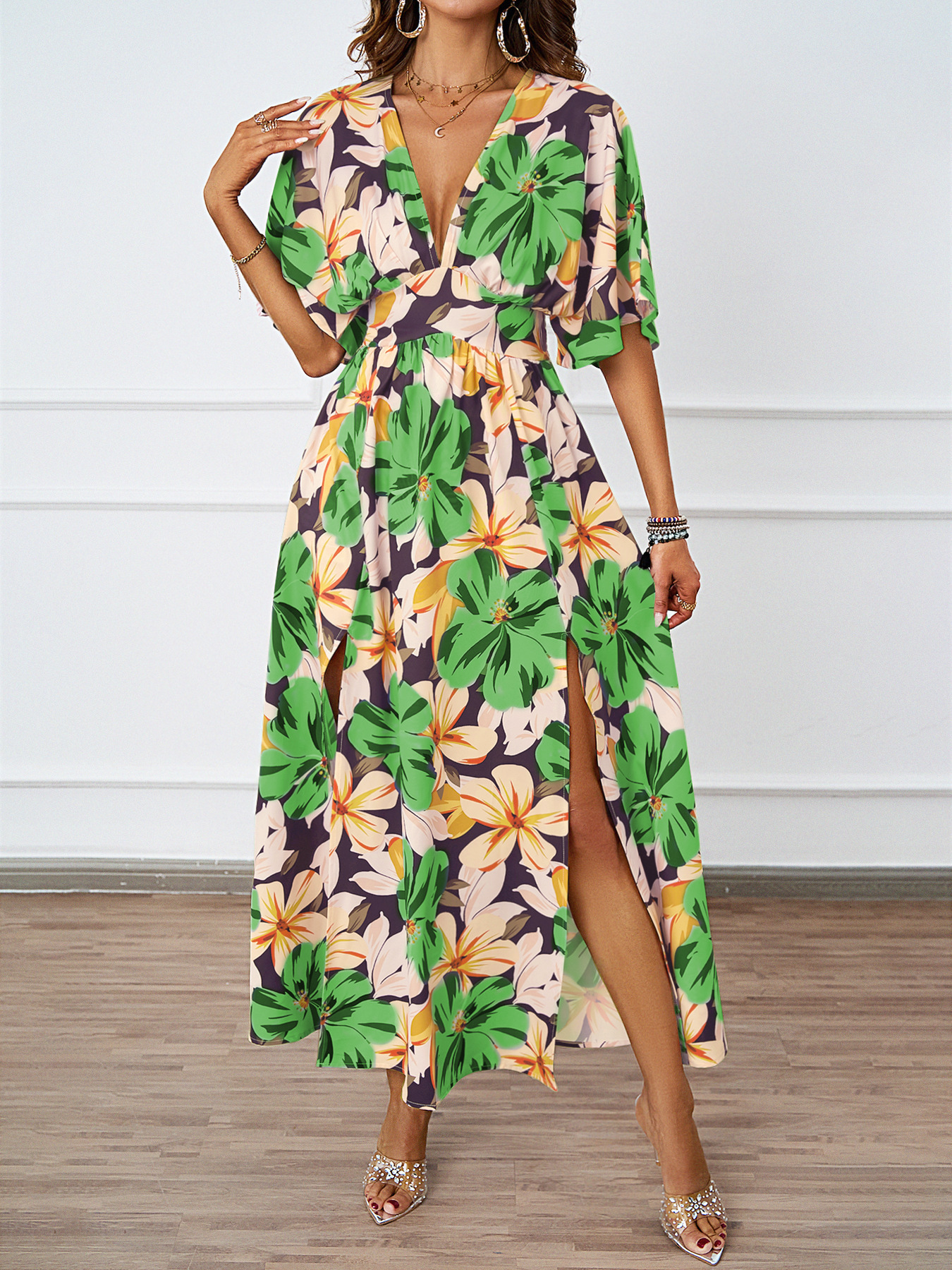 Summer New Floral Print Long Dress Elastic Waist VNeck Short Sleeve Dress for Women