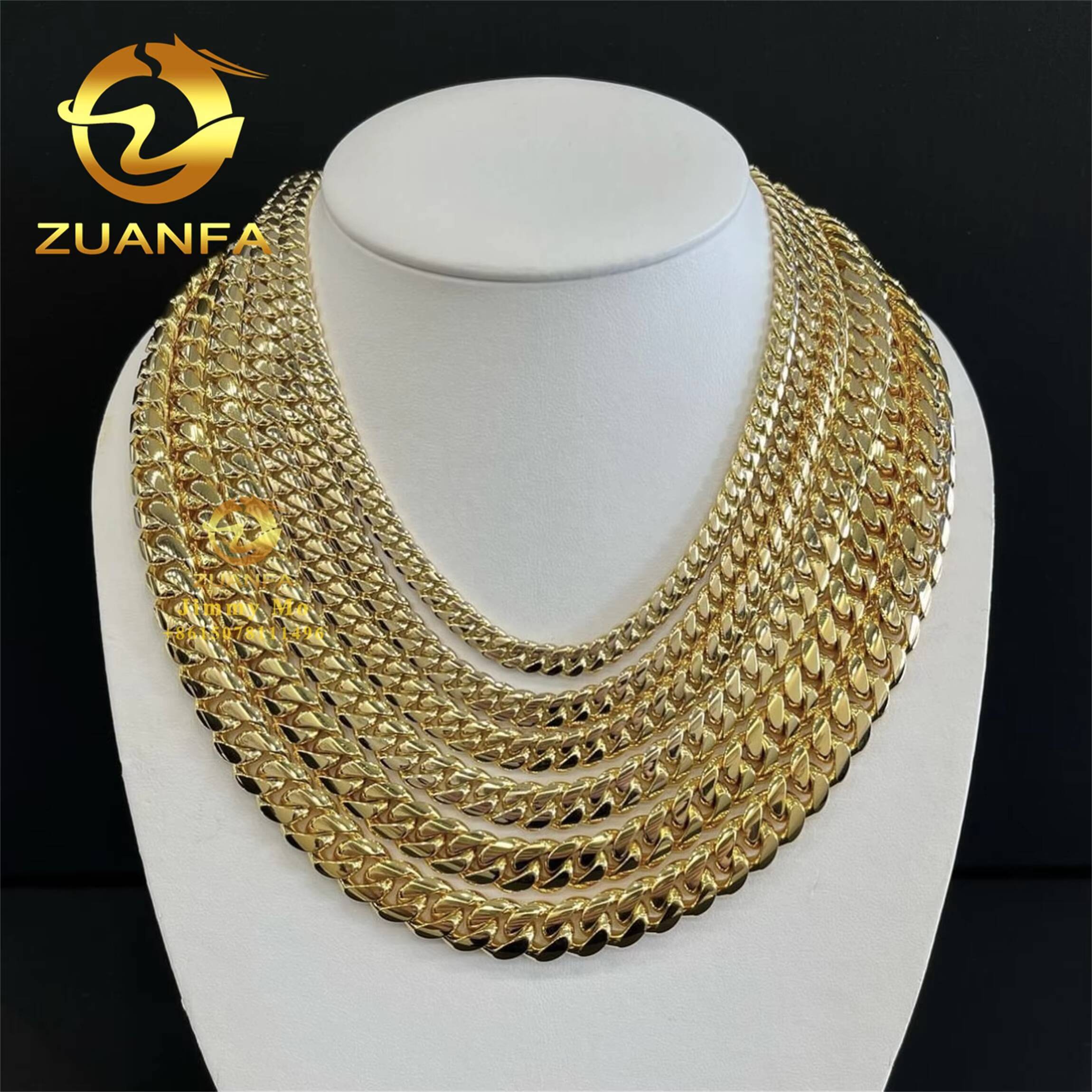 Popular 10mm 12mm Au750 18k Real Solid Yellow Gold Iced Out Hip Hop Jewelry Man Miami Cuban Chain Plain Chain