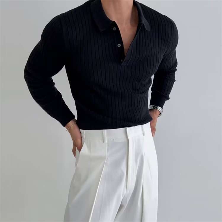 Men sweater 2025 Autumn Polo Turn-Down Collar Sweater Men's Long Sleeve Solid Color Inner Knitted Base Shirt Top