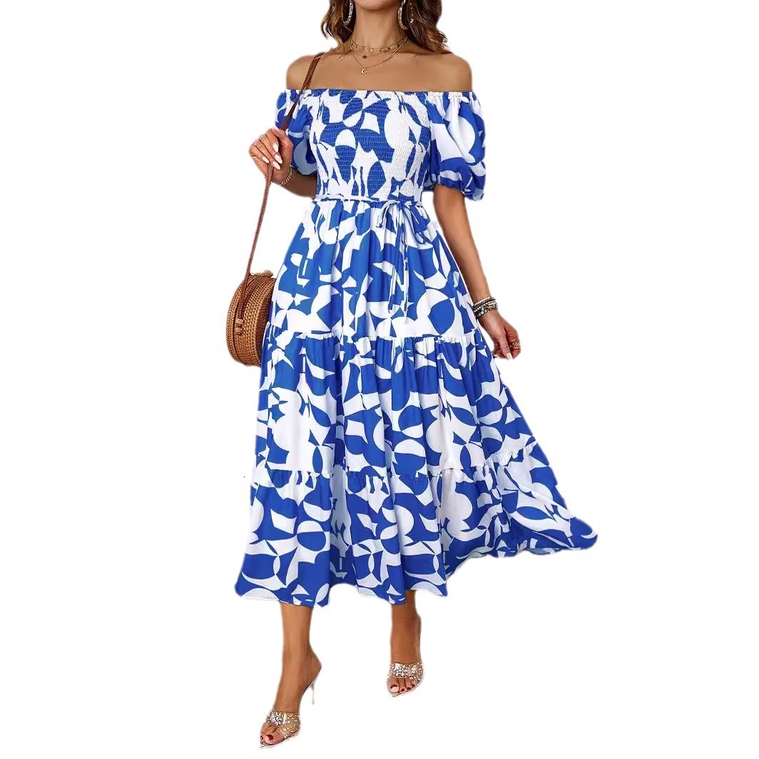 Summer New Elegant Printed OffShoulder Puff Sleeve Fashion Flared Dress