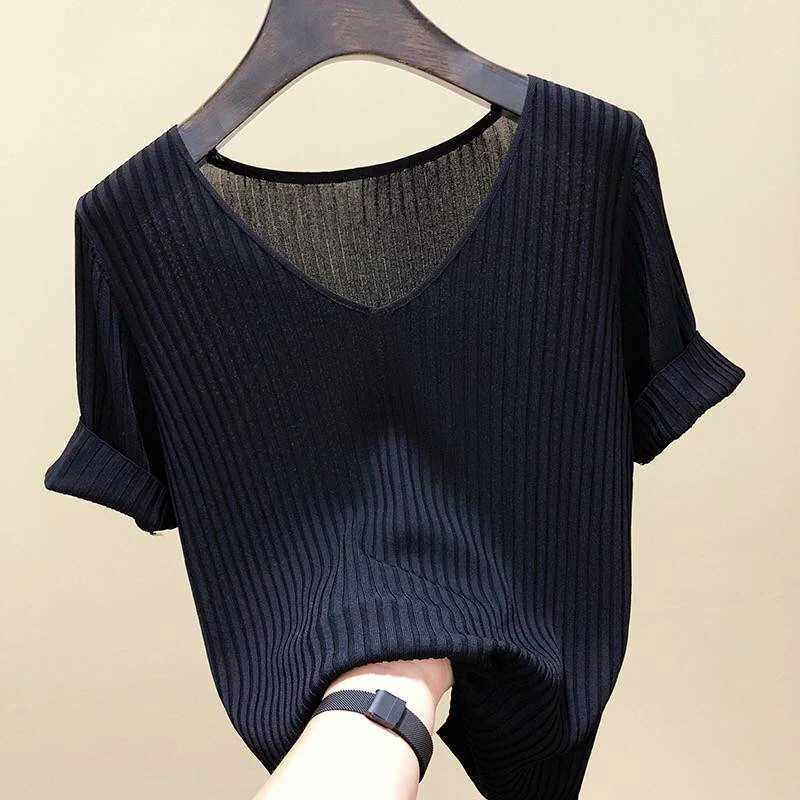 Knitted short sleeve Women VNeck T Shirts 2025 Blue Slim Black thin knit Orange Tops Ladies Summer Camiseta Summer T shirts Z250905