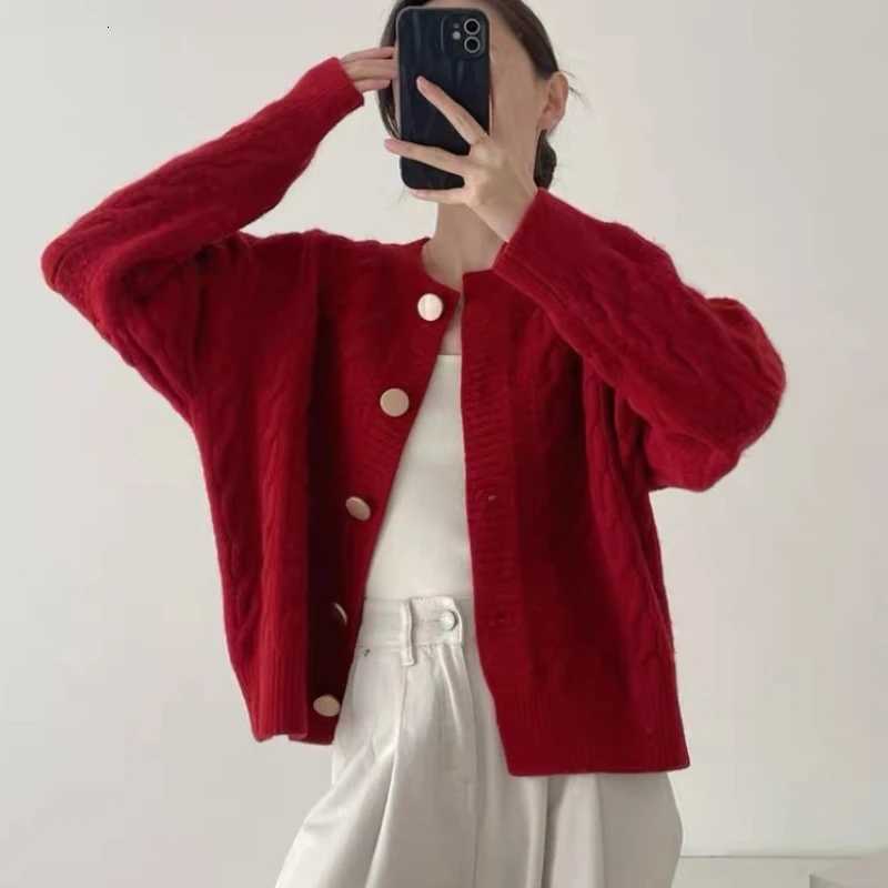 Korean Fashion Long Sleeve Womens Cardigan Knitted Jacquard Sweater Autumn Winter Solid Single Breasted Loose Versatile Tops Z250905