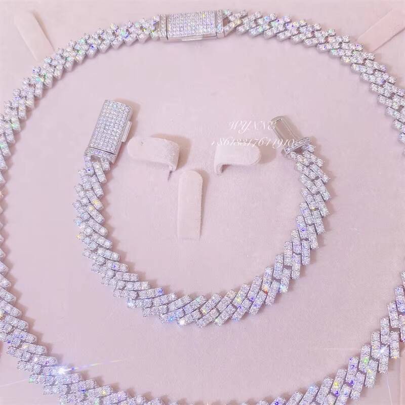 Hotsale 925 Sterling Silver Prong Setting Iced Out VVS Moissanite Diamond Cuban Link Chain Set