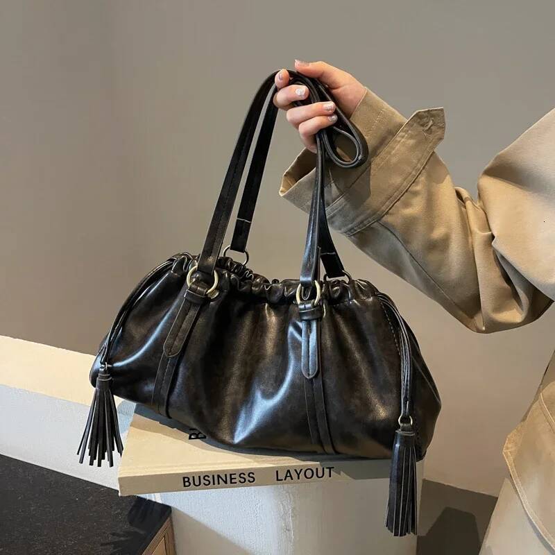 Vintage Womens Retro Tote Large Capacity PU Leather Boston Ruched Buckle Closure Hobo Bag Solid Color for Outdoor Travel high-quality