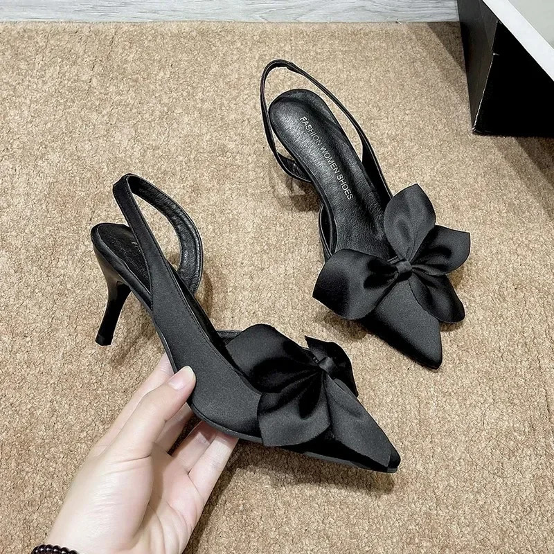 Lady Kitten Heels Back Strap Sandals Silk Statin Big Bow Fashionable Shoes 7cm Pumps In Orange Green 42 250905