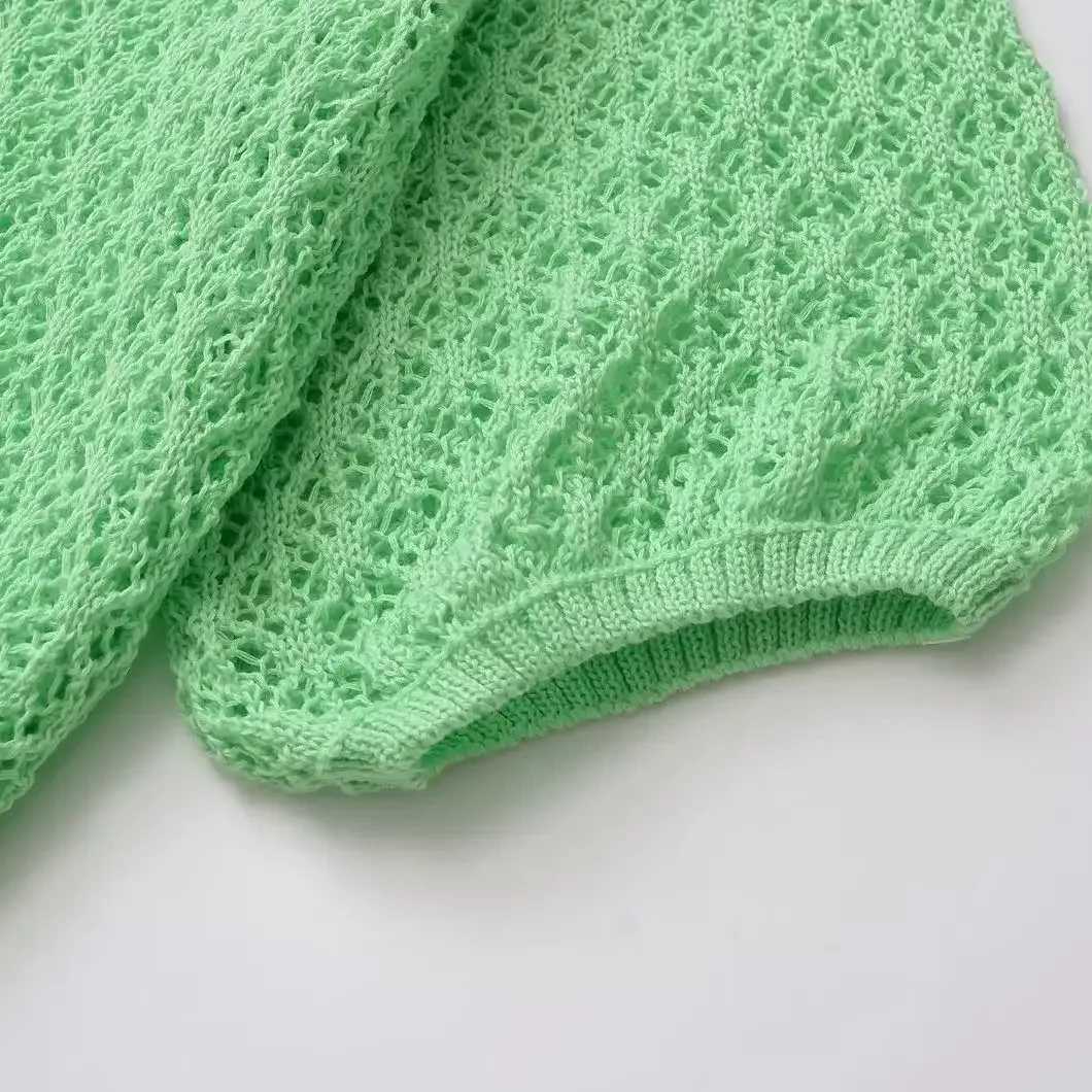 TRAFSHE Women Fashion Jacquard Solid Knitted Hollow Out Pullover Sweater Vintage Lapel Neck Short Sleeve Female Chic Lady Tops Z250905