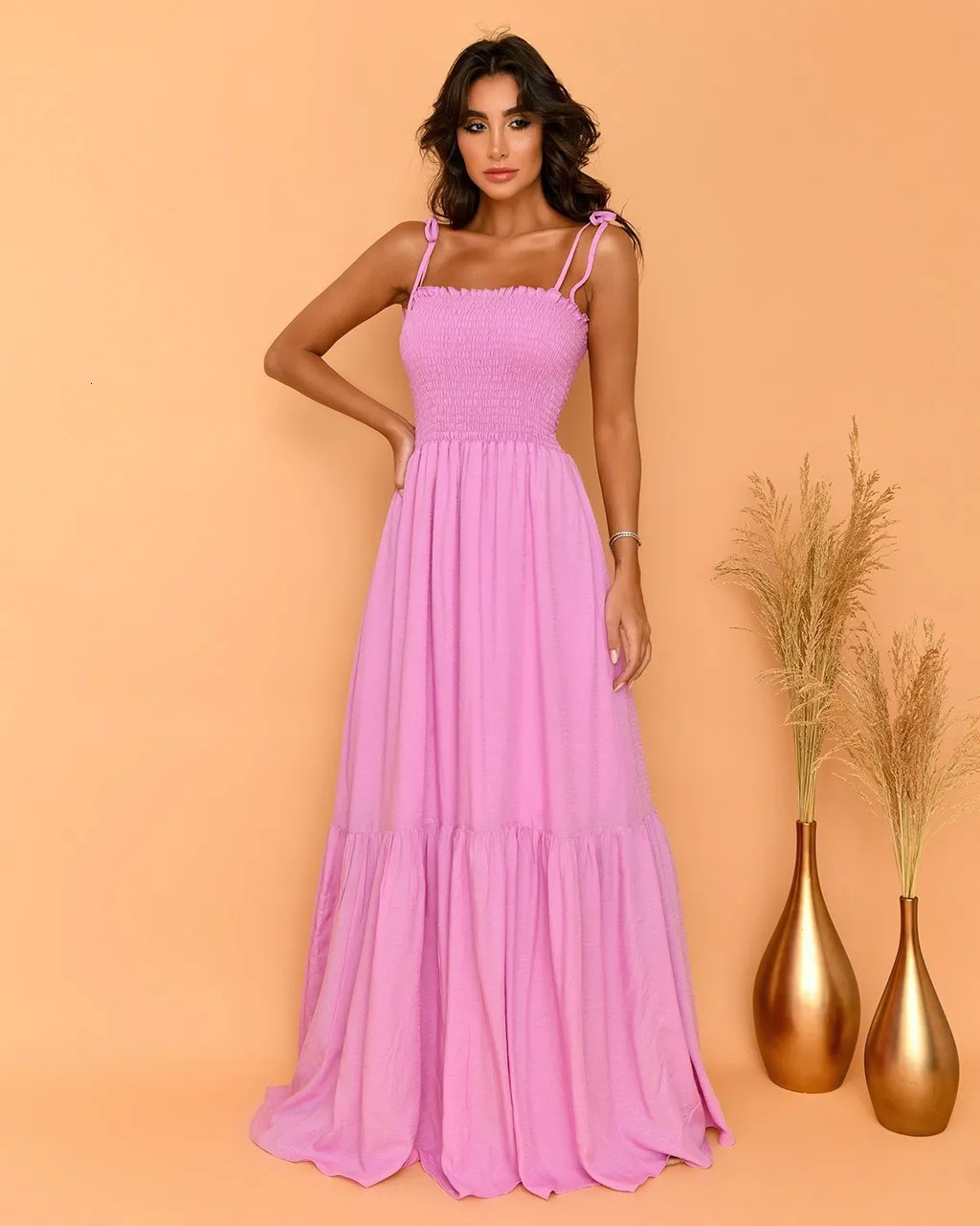 2023 Solid Color High Waist Slimming Elegant Strap Flared Long Dress Luxury