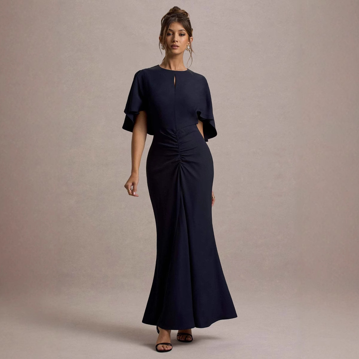 Summer New Style Hot Girl MidSleeve Hollow Out Bust Ruched Dress WaistCinching Ruched Bodycon Sexy Long Dress for Women