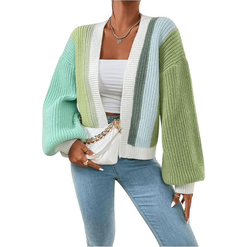 Women's Color Block Open Front Long Sleeve Ribbed Knit Cropped Cardigan Sweaters