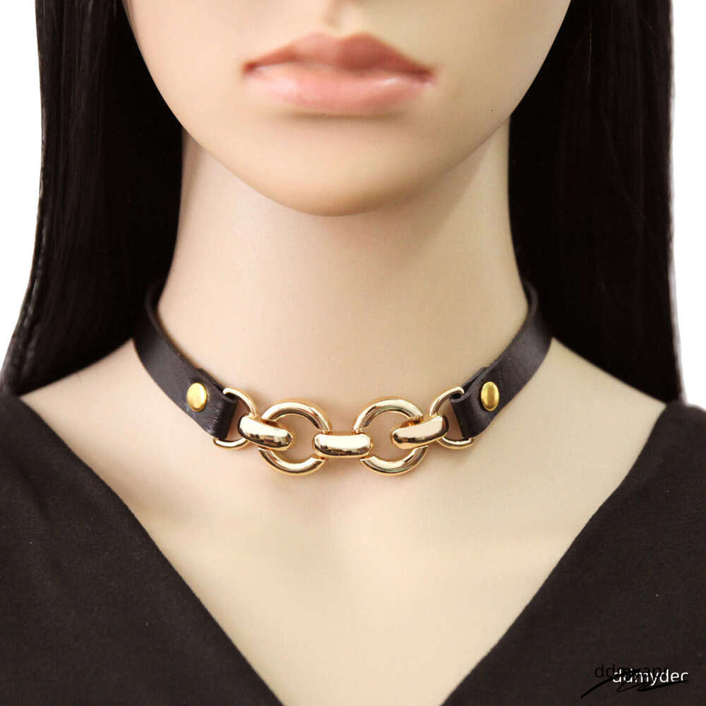 Adjustable PU Leather Punk Choker ddmydec Necklace With Bold Gold Metal Rings Gothic Statement Collar For Women And Men ddmydec