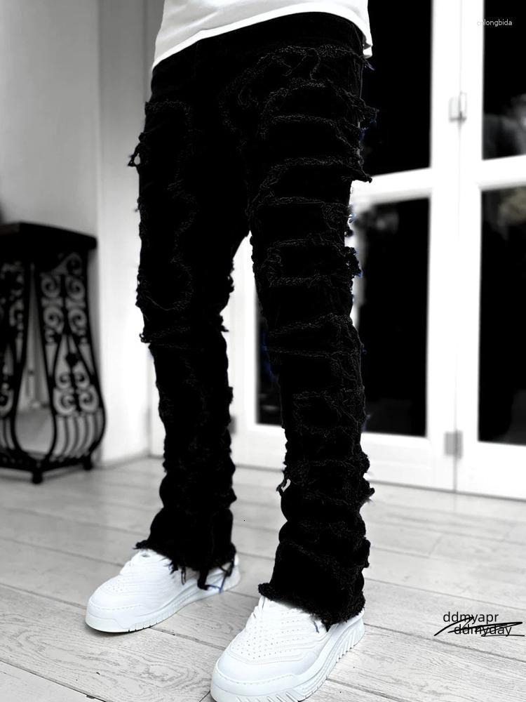 Men's Jeans Autumn Solid Fashion Mid Waist Patchwork Long ddmyday Pants Male Streetwise Stretch Patch For Men Bottom Baggy Clothing