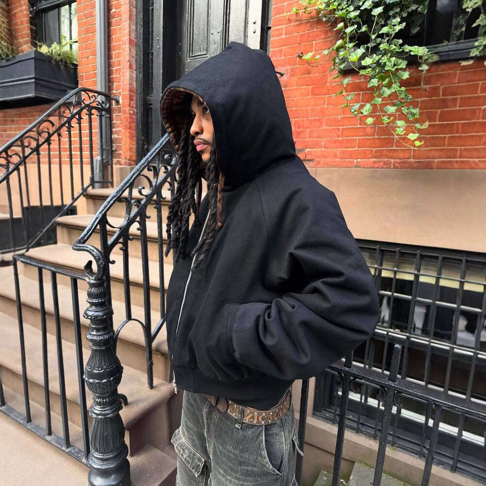 2025 New Double-Sided Hooded Zipper Sweatshirt Autumn Winter American Plaid Patchwork Cardigan Top for Men and Women