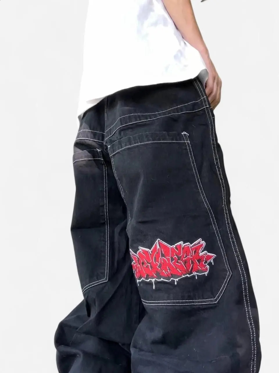 Vintage 2000s Wexwear Black Pants Men Women Hip Hop Embroidered Y2k Baggy Jeans Streetwear Harajuku High Waist Wide Trouser 250823