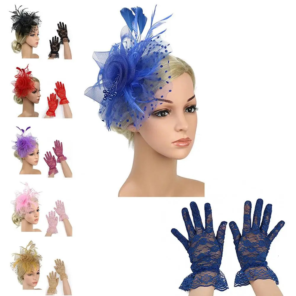 Vintage Mesh Flower Feather Headpiece Gloves Set Wedding Cocktail Fascinator Hat Stylish Tea Party Headband for Women Girls 250905