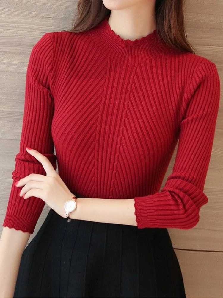 2025 Autumn Women Mock Neck Ruffles Sweater Long Sleeve Knitted Bottoming Solid Pullovers Stripe Women Casual Sweater Winter Z250905