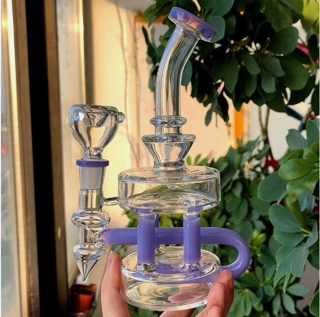 Purple Glass Bong Recycler Smoking Glass Pipe Bubbler Hookahs Water Bongs Oil Water Pipes With 14mm Banger