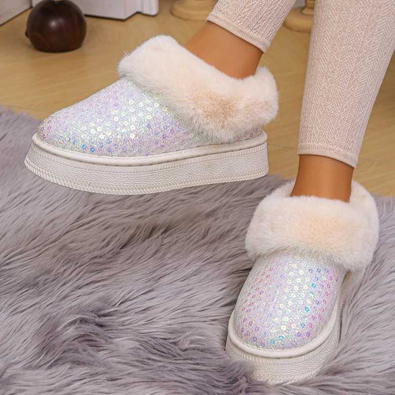 Fashion Bling Sequin Fur Snow Boots Women Comfy Slip On Thicken Plush Warm Winter Boots Woman Non Slip Faux Fur Ankle Booties L250905