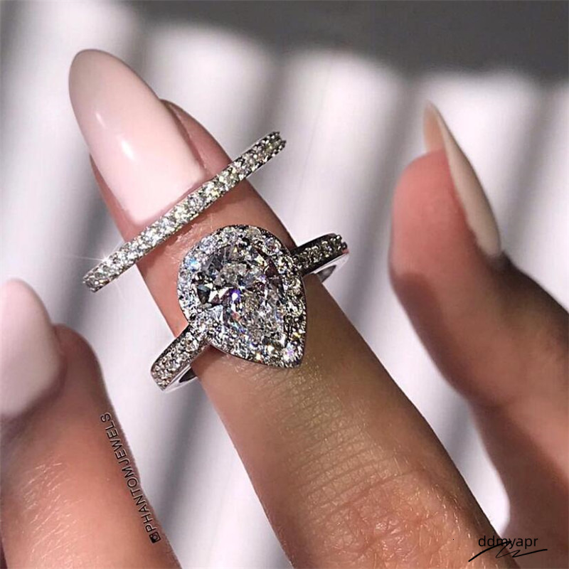 Classical Ddmydec Wedding Rings Jewelry Real Sterling Sier Water Drop 5A Zircon CZ Dia Gemstones Party Eternity Women Couple Bridal Ring Set Gift
