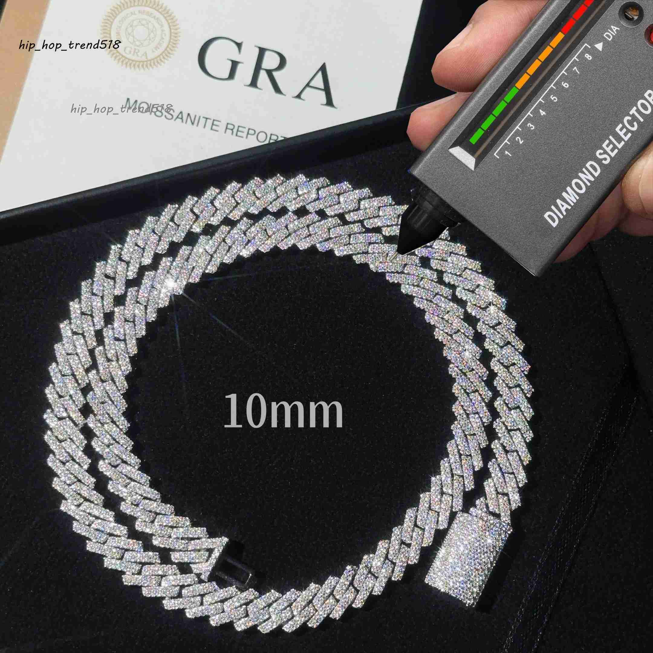 Ready to Ship High Quality Moissanite Hip Hop Jewelry 10mm Cuban Link Chain 925 Silver Iced Out Cuban Bracelet Necklace With GRA
